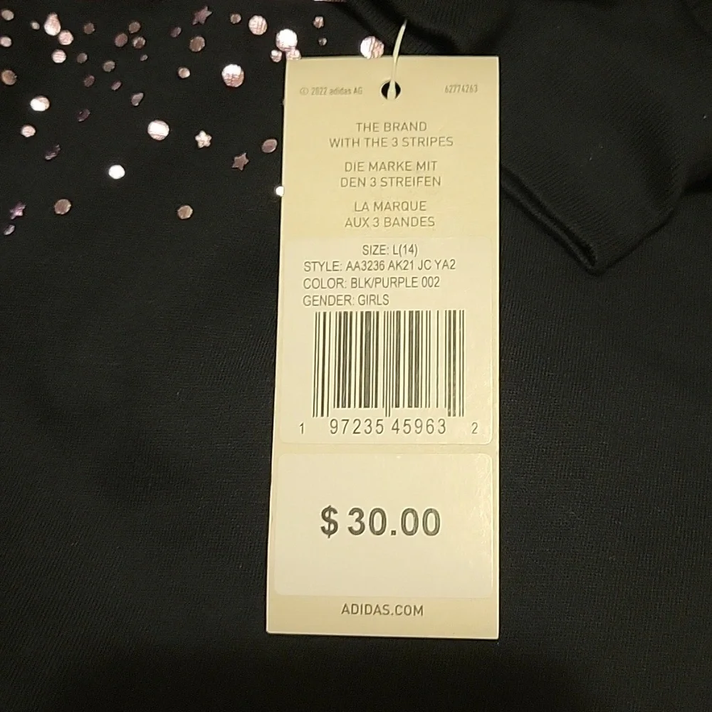 NWT: adidas Girls CrewNeck Long Sleeve Graphic Tee With Foil Logo & Purple Stars - Picture 10 of 12